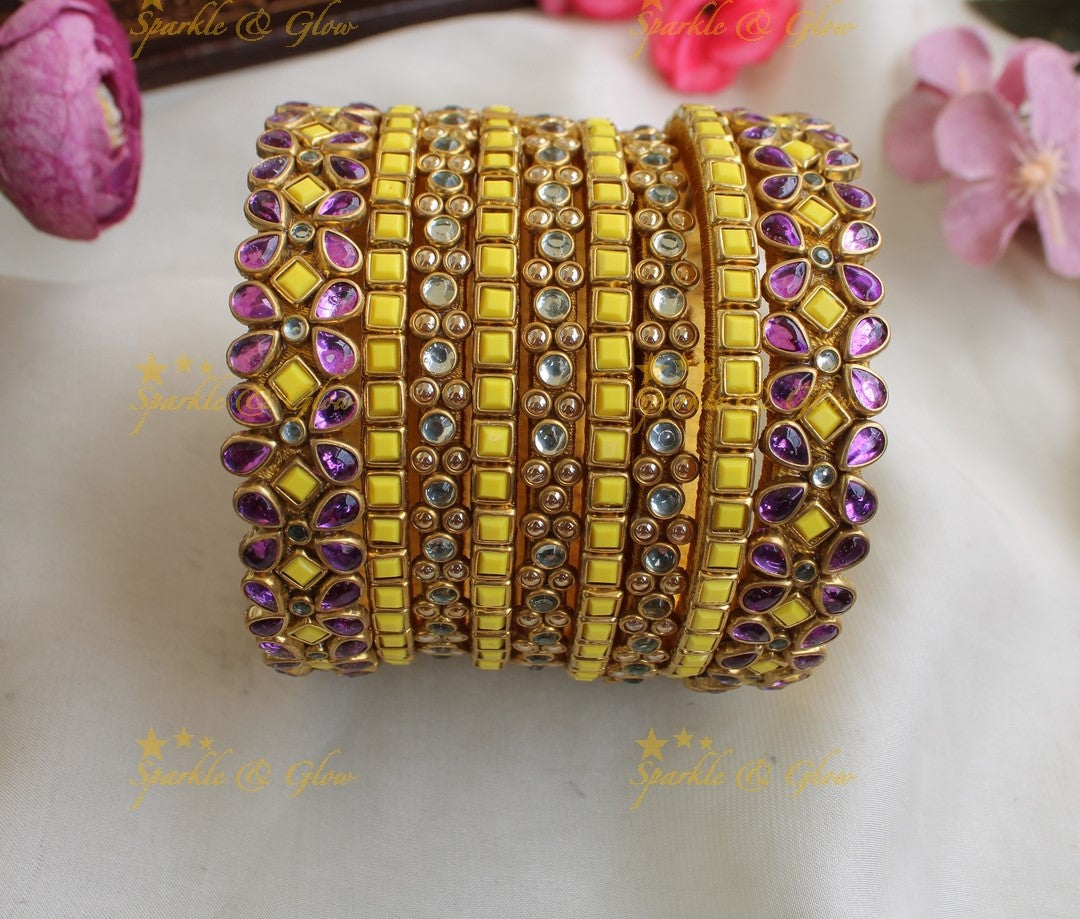 Beautiful Square Floral Bubble design Silk thread Bridal Bangles- Purple-Yellow