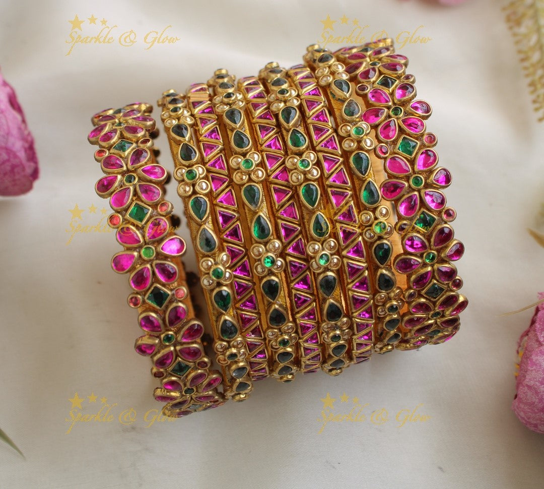 Beautiful Triangle Floral design Silk Thread Bridal Bangles- Pink Green