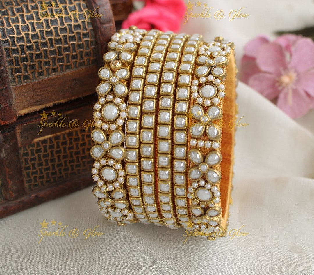 Stunning Pearl Floral Silk Thread Bridal bangles-Pearl