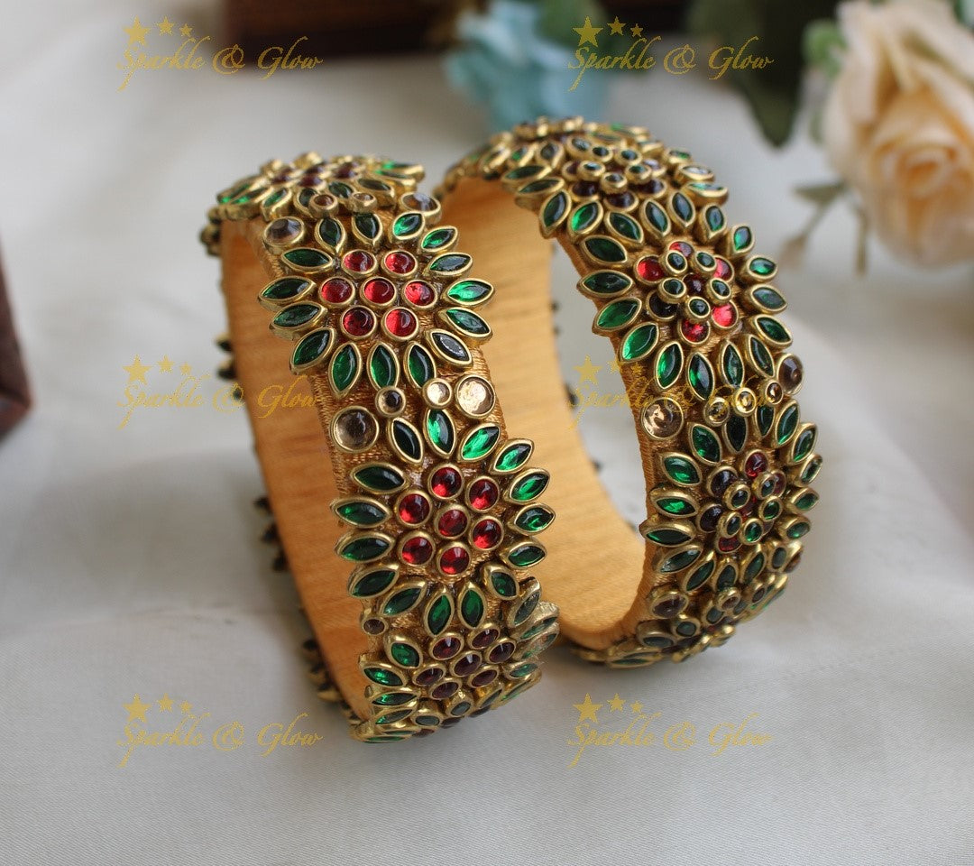 Elegant Sunflower design Silk thread Bangles- Red green