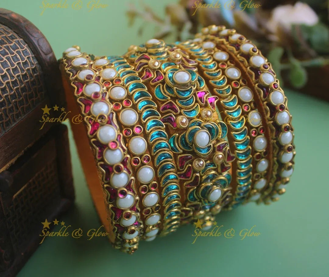 Elegant Half moon Floral bubble dotted Silk thread Bridal bangles- Multi - Sparkle and Glow