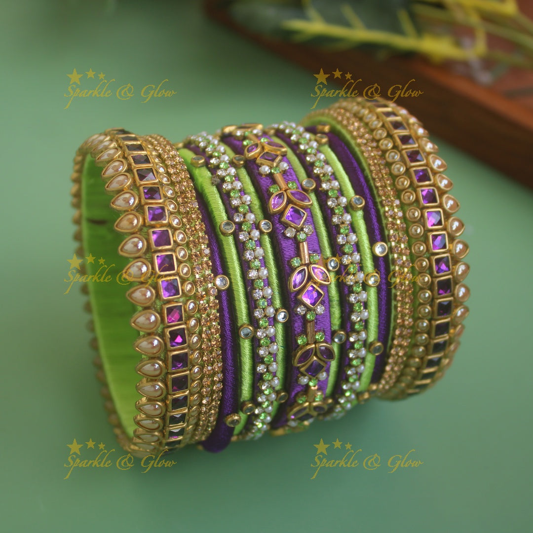 Intricately carved Leaf diamond Silk thread Bridal Bangles- Purple light green