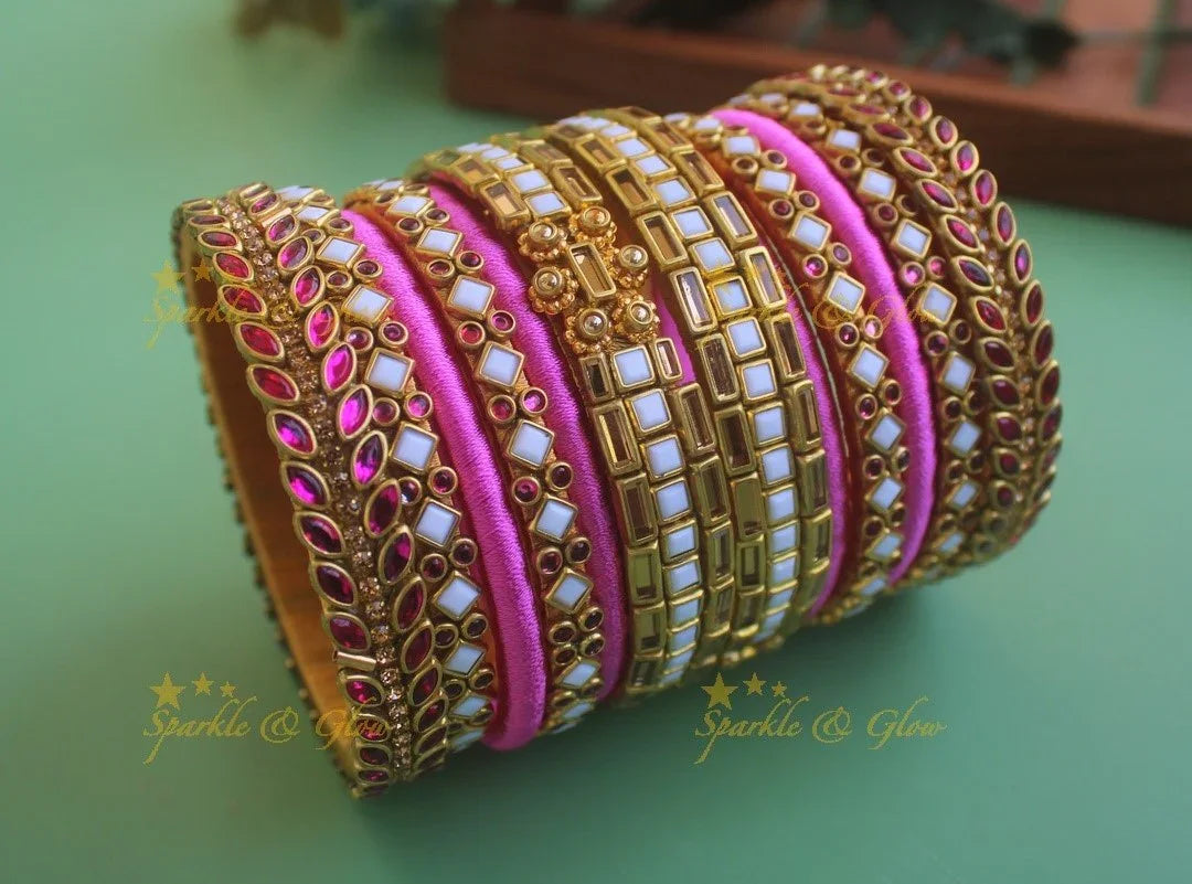 Stunning Diamond Leaf design Silk thread Bridal Bangles- Pink pearl - Sparkle and Glow