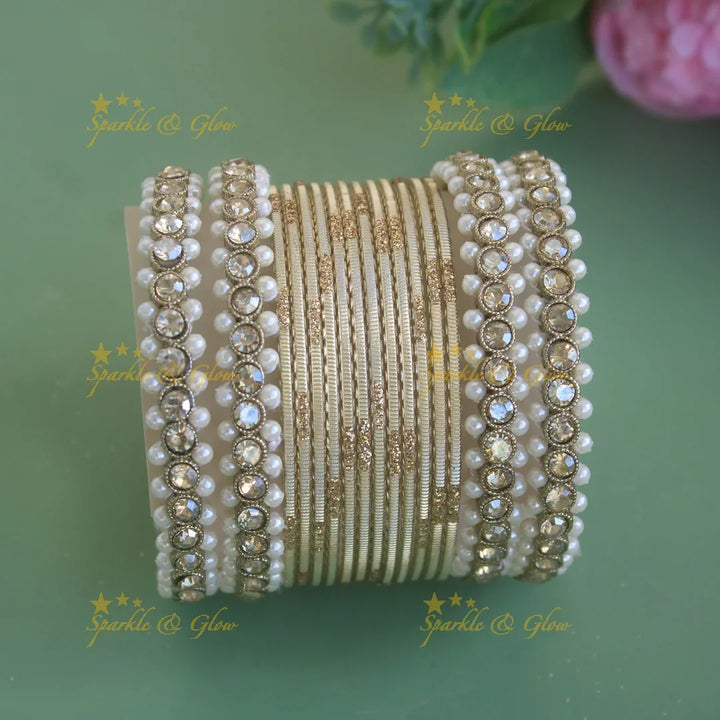 Exclusive Printed Metal Bangle Combo Box in Assorted colours with pearl bangles - Sparkle and Glow