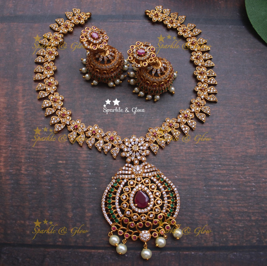 Premium quality matte finish AD stones non idol necklace set