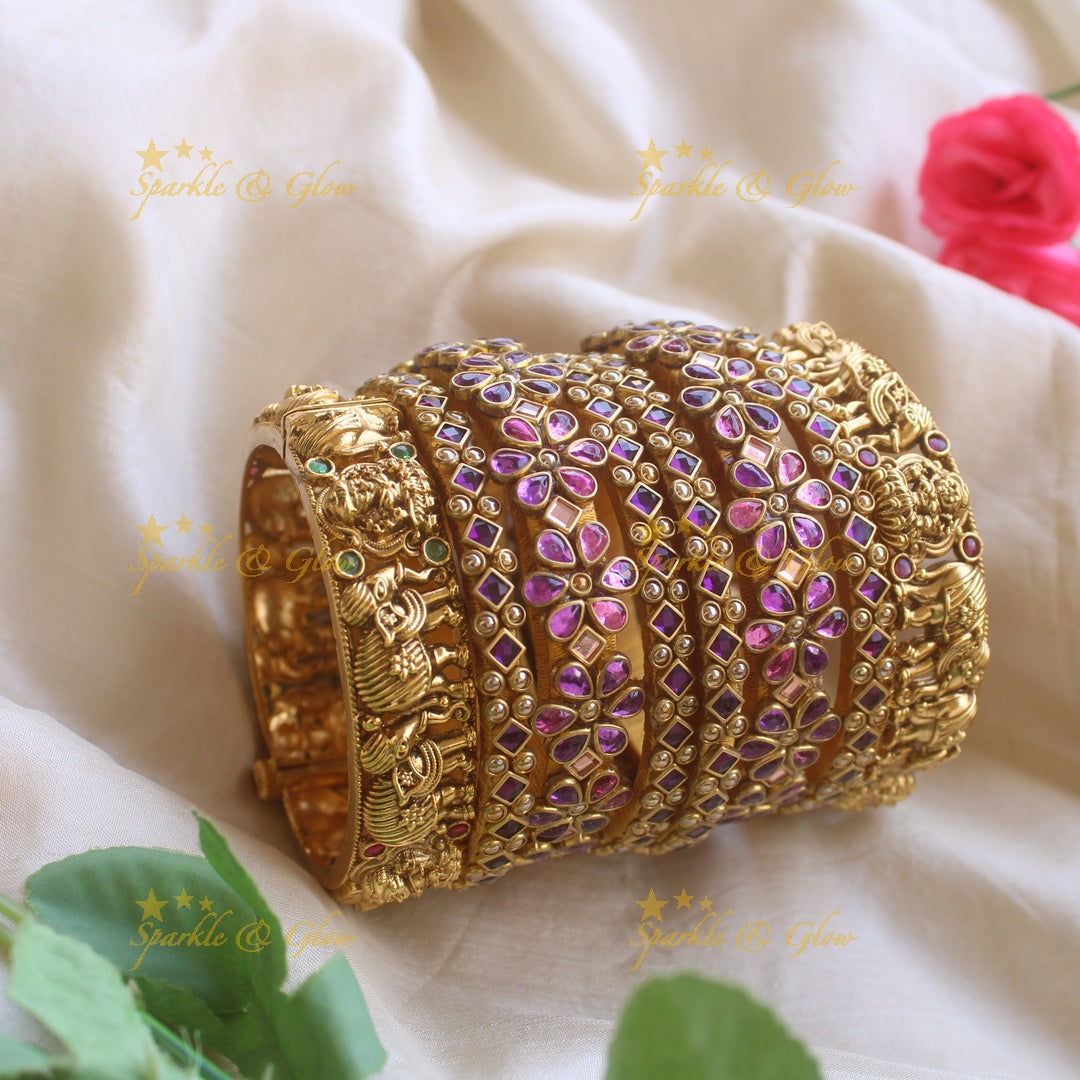 Beautiful Lakshmi elephant carved Kadas and Floral diamond and bubble design Silk Thread Bridal Bangles