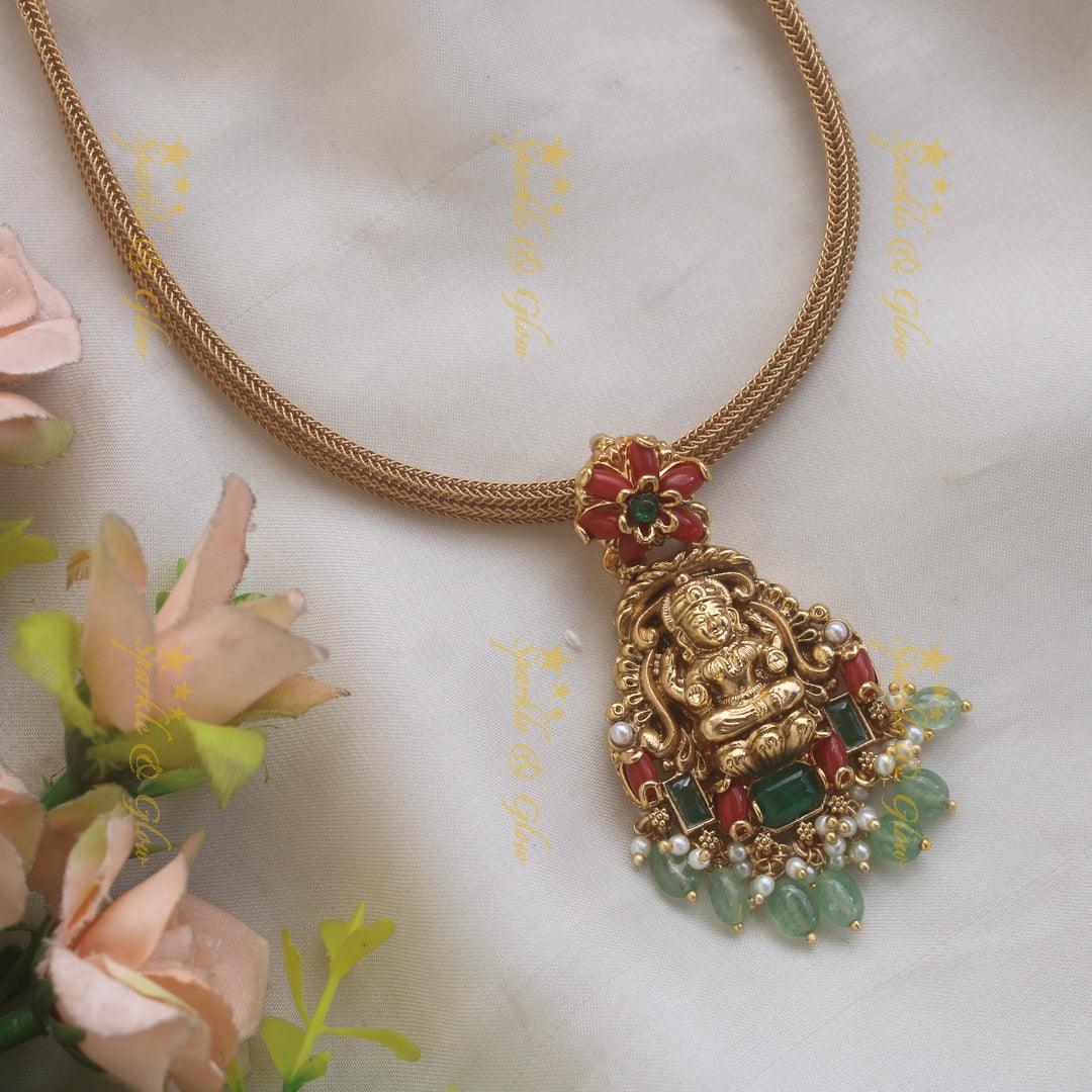 Elegant Lakshmi floral design pendant Chain with coral emerald and mint green beads - Sparkle and Glow