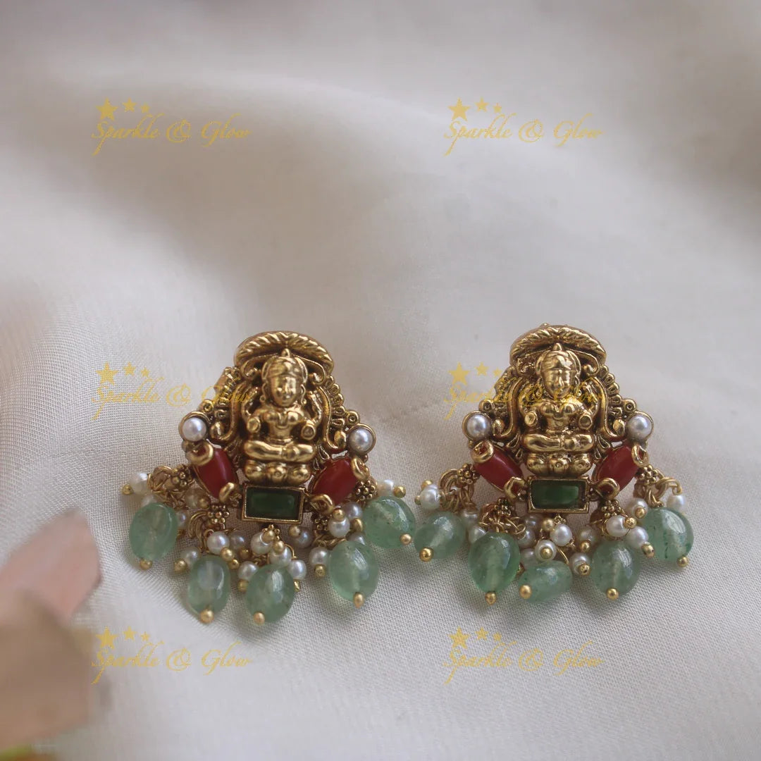 Elegant Lakshmi floral design pendant Chain with coral emerald and mint green beads - Sparkle and Glow