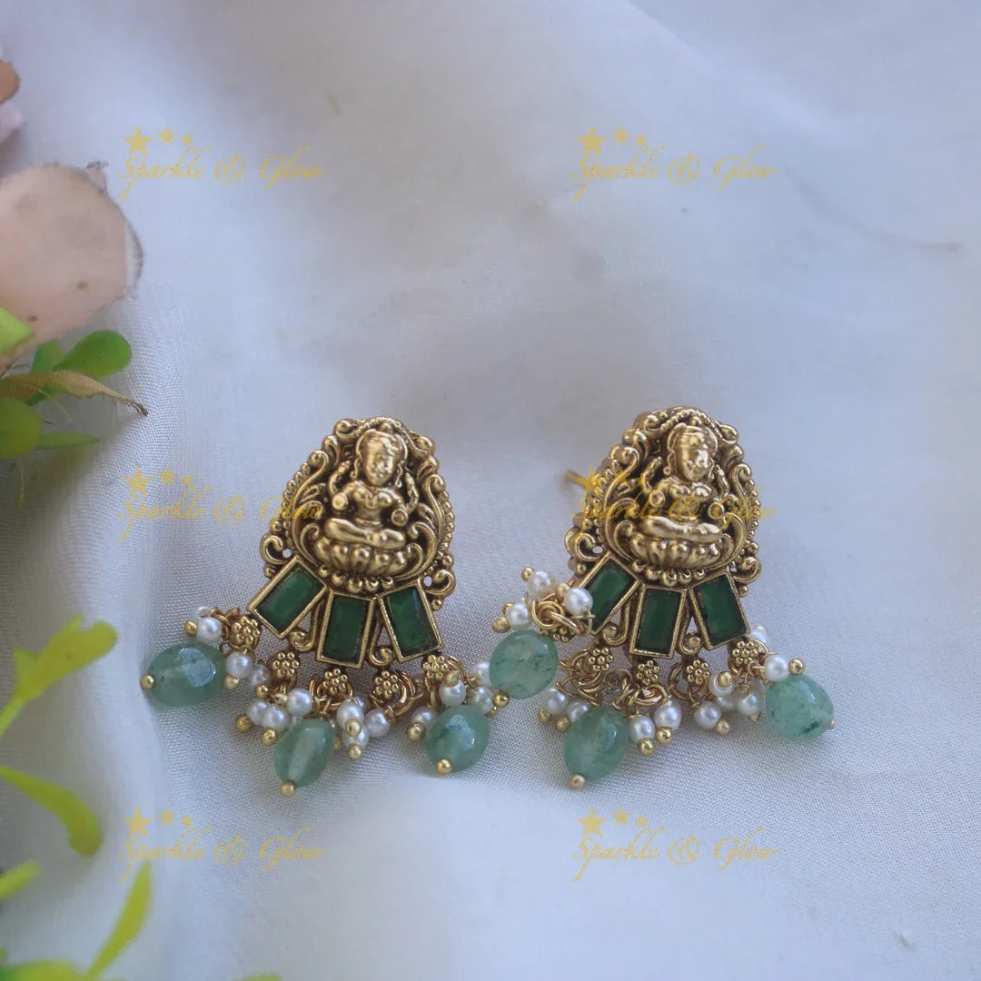 Stunning Lakshmi floral design pendant Chain with coral emerald and mint green beads - Sparkle and Glow