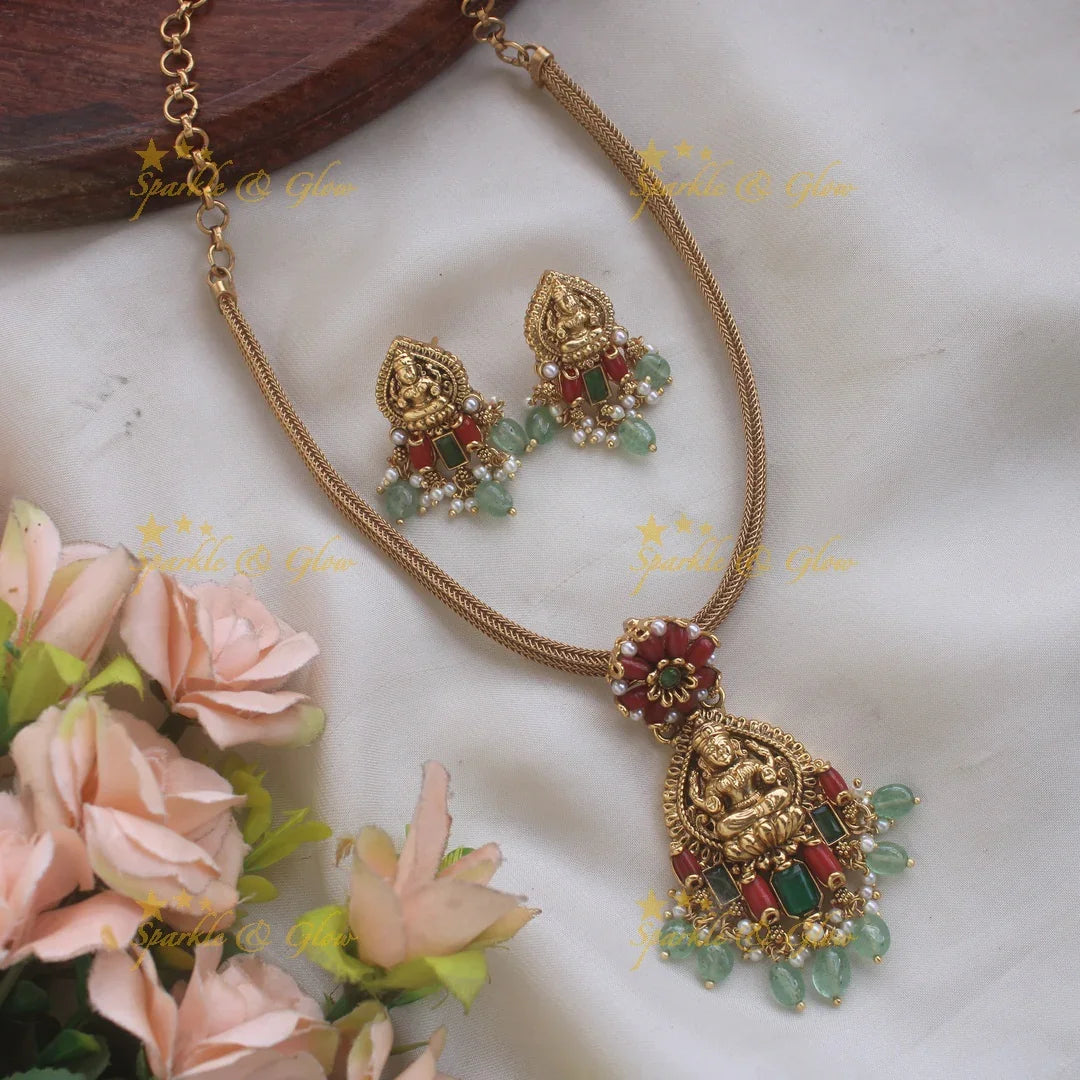 Statement Lakshmi floral design pendant Chain with coral emerald and mint green beads - Sparkle and Glow