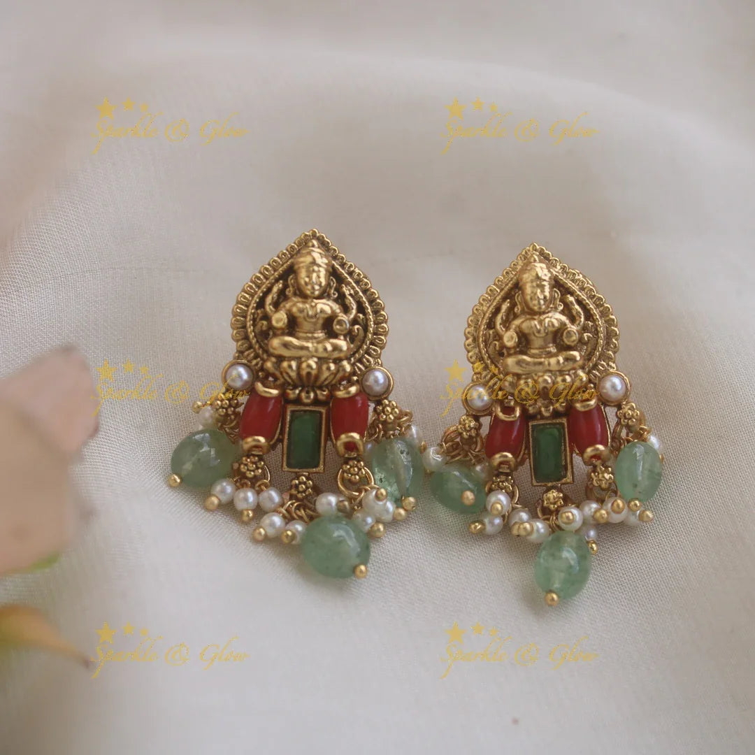 Statement Lakshmi floral design pendant Chain with coral emerald and mint green beads - Sparkle and Glow