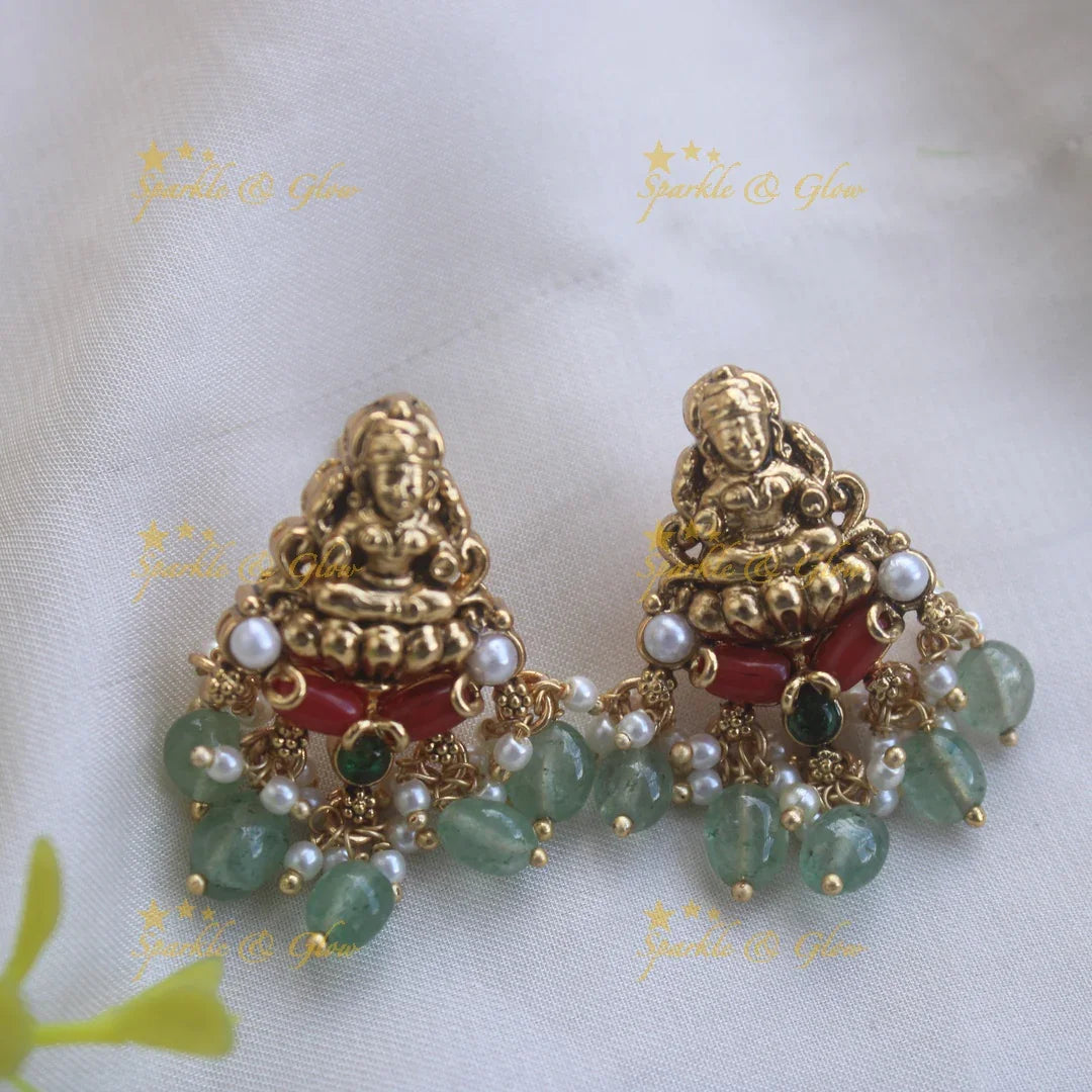 Beautiful Lakshmi carved pendant Chain with coral emerald and mint green beads - Sparkle and Glow