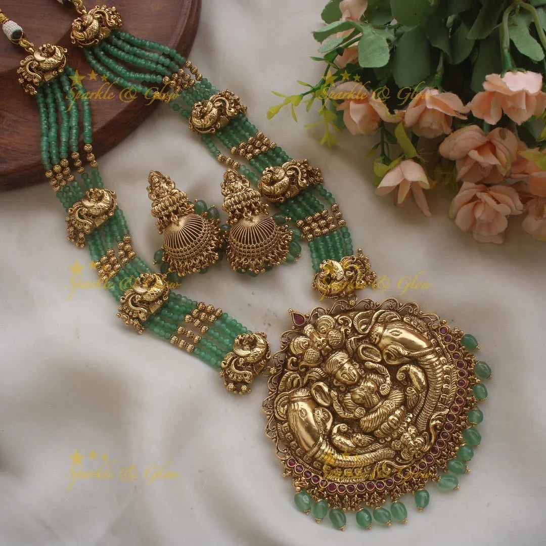 Grand Lakshmi elephant peacock carved pendant haram with ruby and multi layer mint green beads chain - Sparkle and Glow