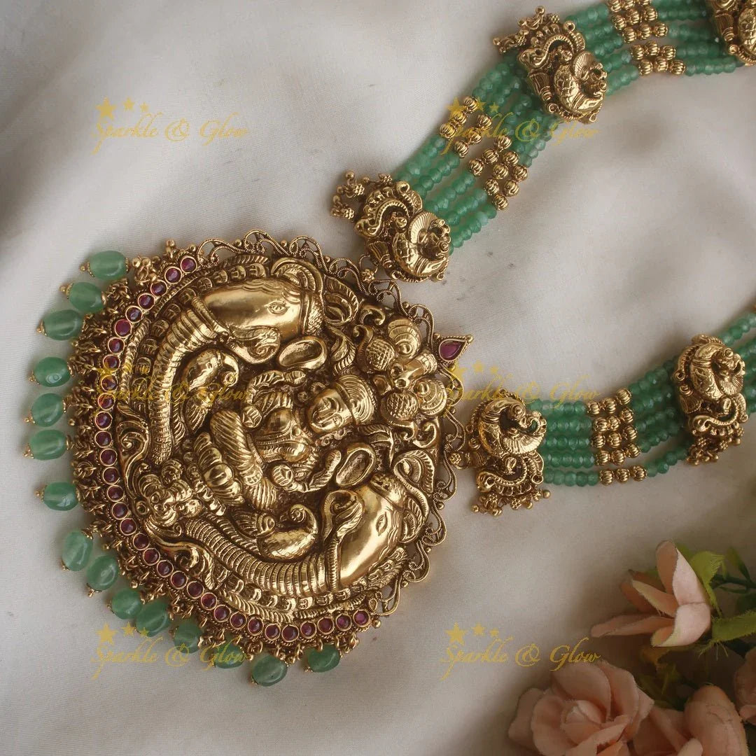 Grand Lakshmi elephant peacock carved pendant haram with ruby and multi layer mint green beads chain - Sparkle and Glow