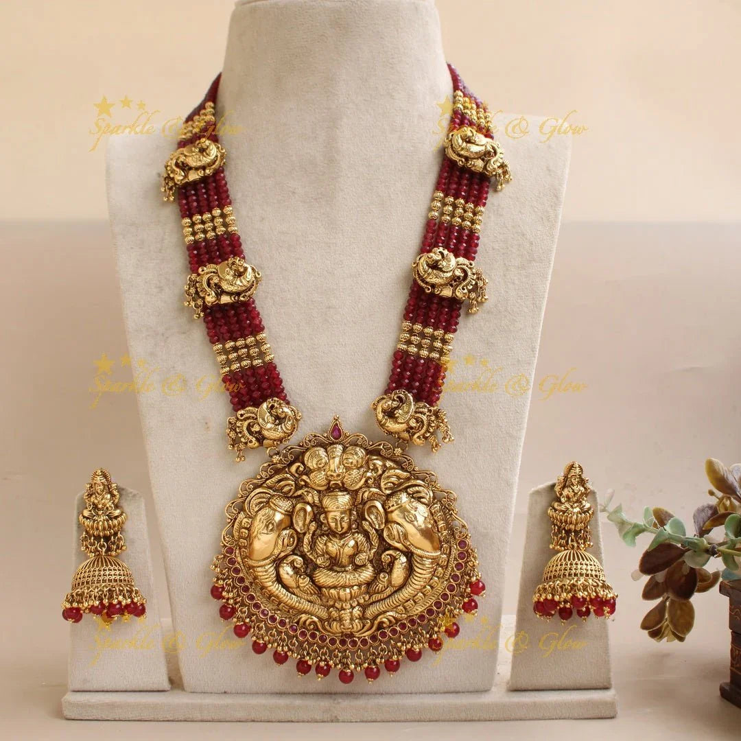 Grand Lakshmi elephant peacock carved pendant haram with ruby and multi layer mint green beads chain - Sparkle and Glow