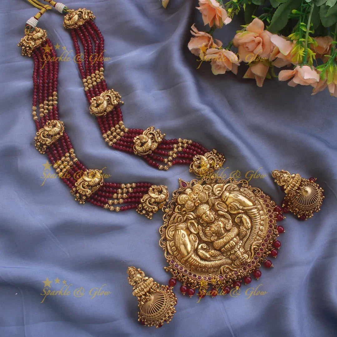 Grand Lakshmi elephant peacock carved pendant haram with ruby and multi layer mint green beads chain - Sparkle and Glow