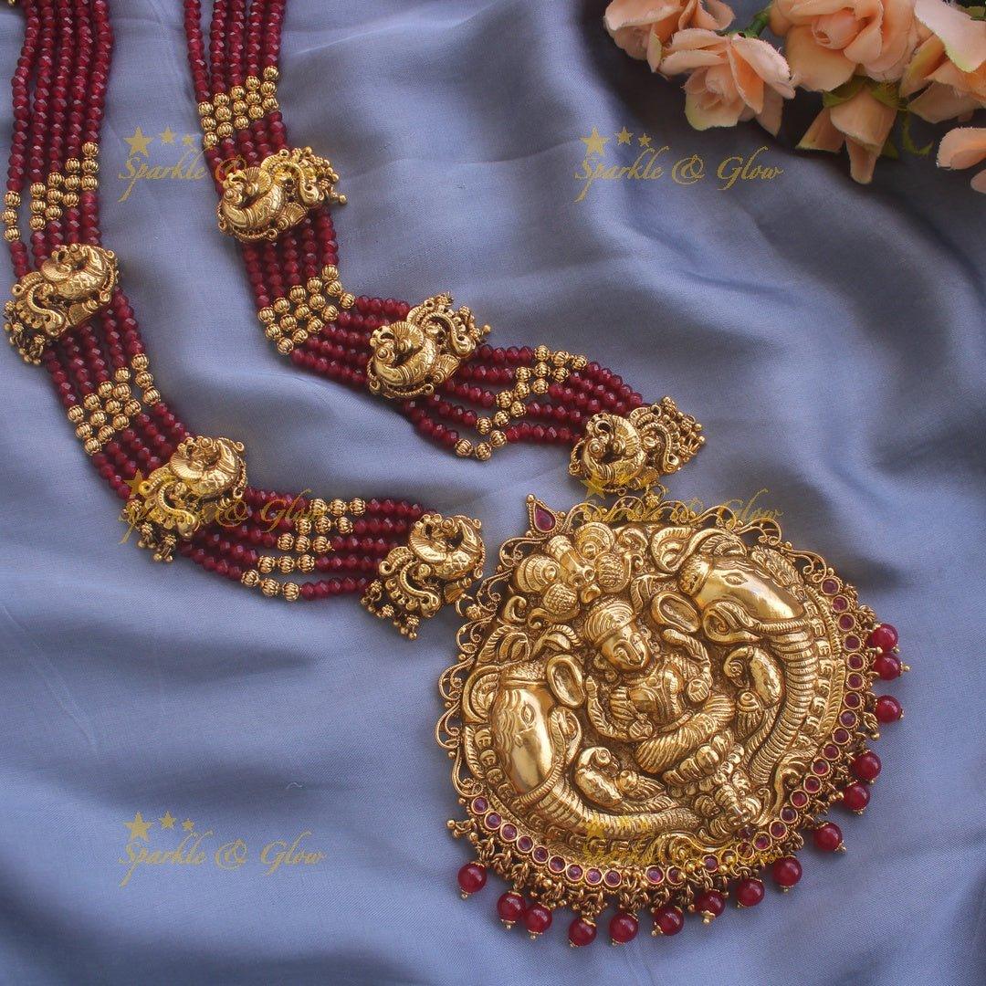 Grand Lakshmi elephant peacock carved pendant haram with ruby and multi layer mint green beads chain - Sparkle and Glow