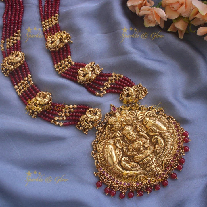 Grand Lakshmi elephant peacock carved pendant haram with ruby and multi layer mint green beads chain - Sparkle and Glow
