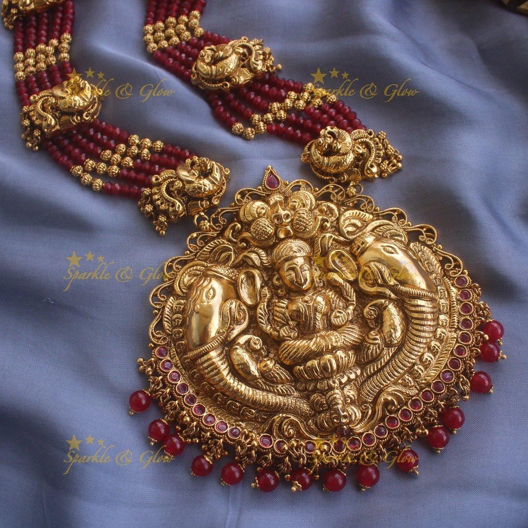 Grand Lakshmi elephant peacock carved pendant haram with ruby and multi layer mint green beads chain - Sparkle and Glow
