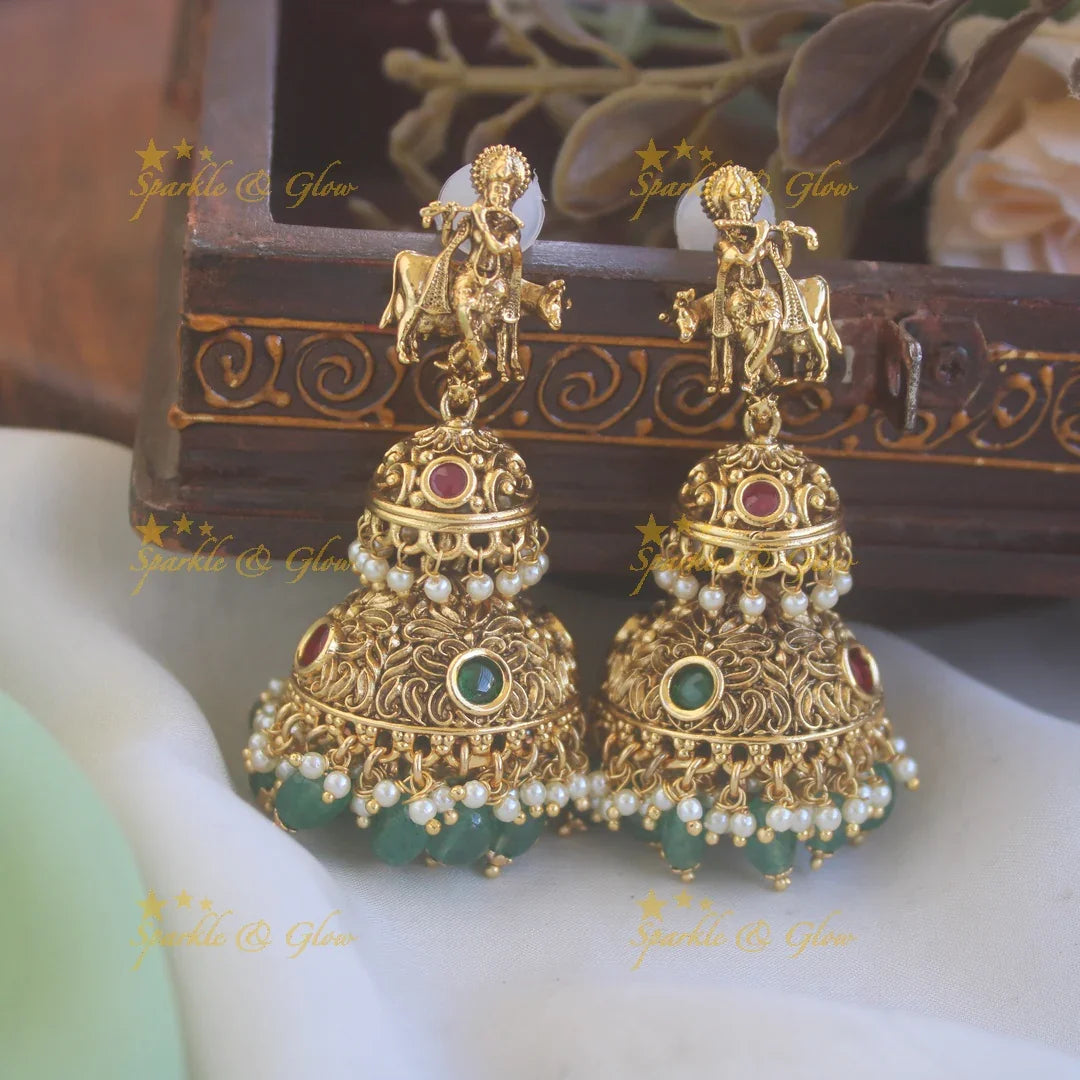 Grand Krishna Temple design pendant haram with multi layered mintgreen beads chain - Sparkle and Glow