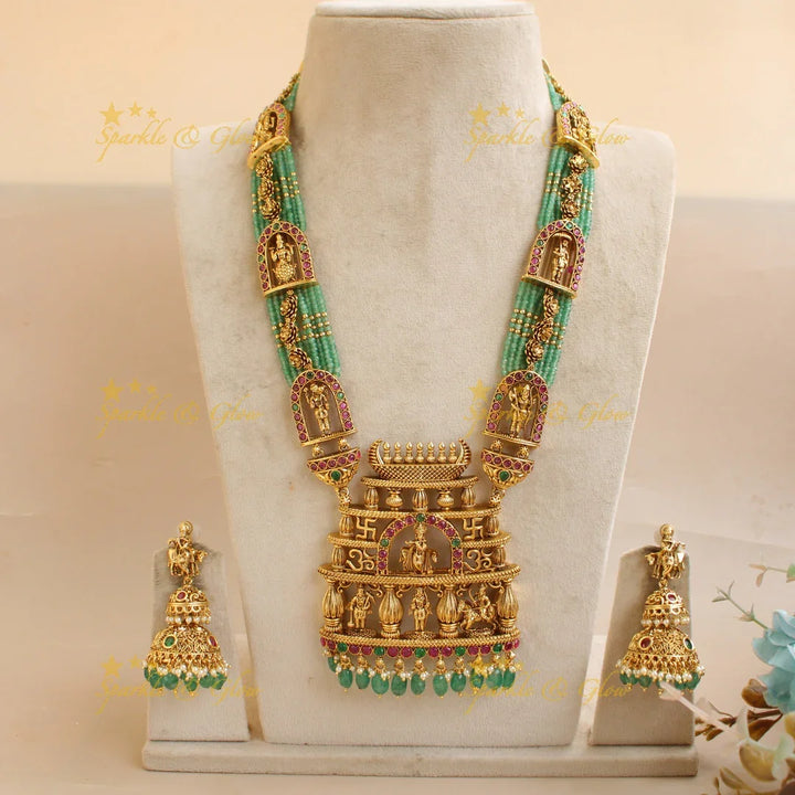 Grand Krishna Temple design pendant haram with multi layered mintgreen beads chain - Sparkle and Glow