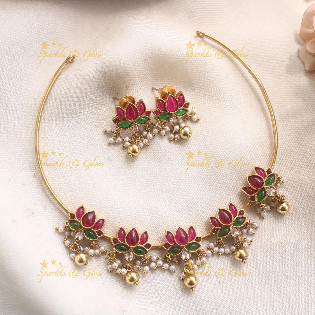 Elegant Lotus Hasli Choker with Pearls and Gold bead drops - Sparkle and Glow