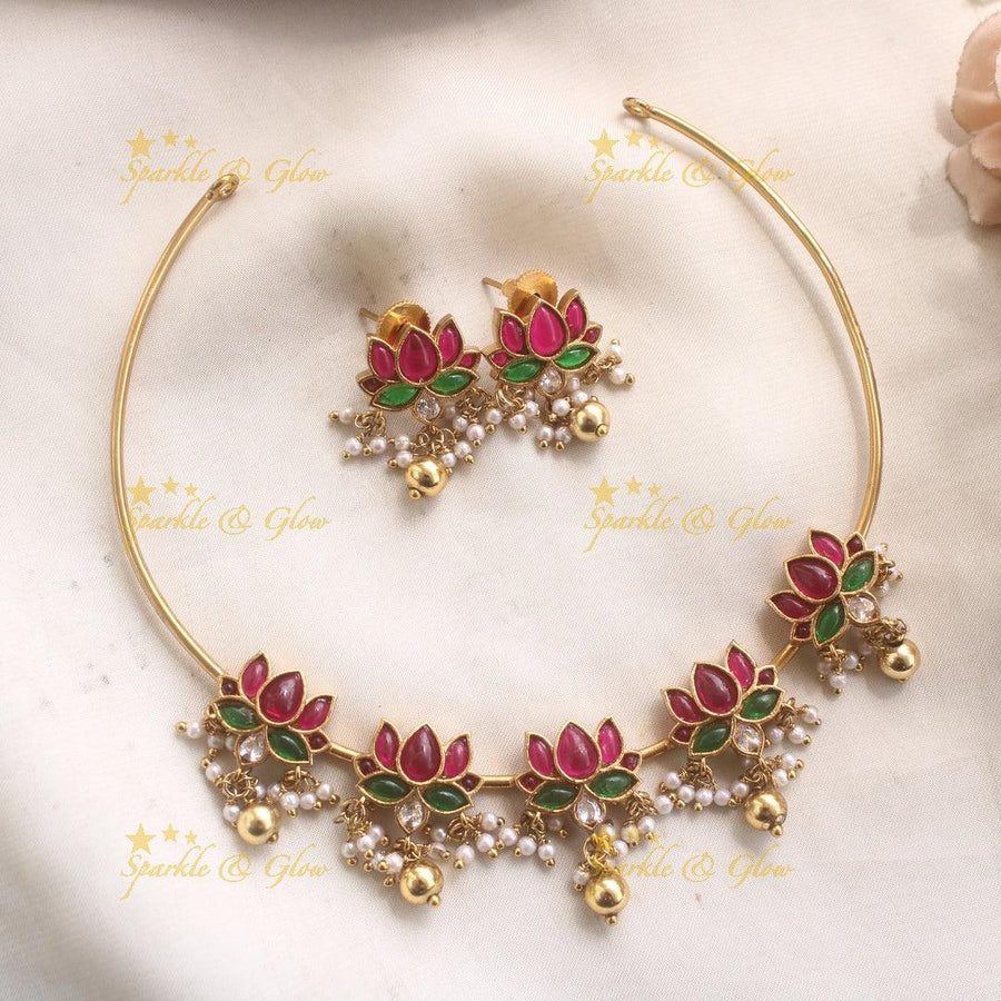 Elegant Lotus Hasli Choker with Pearls and Gold bead drops - Sparkle and Glow
