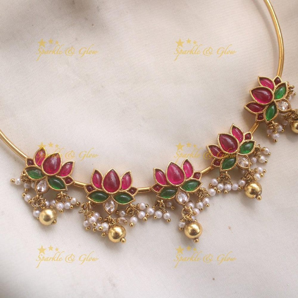 Elegant Lotus Hasli Choker with Pearls and Gold bead drops - Sparkle and Glow