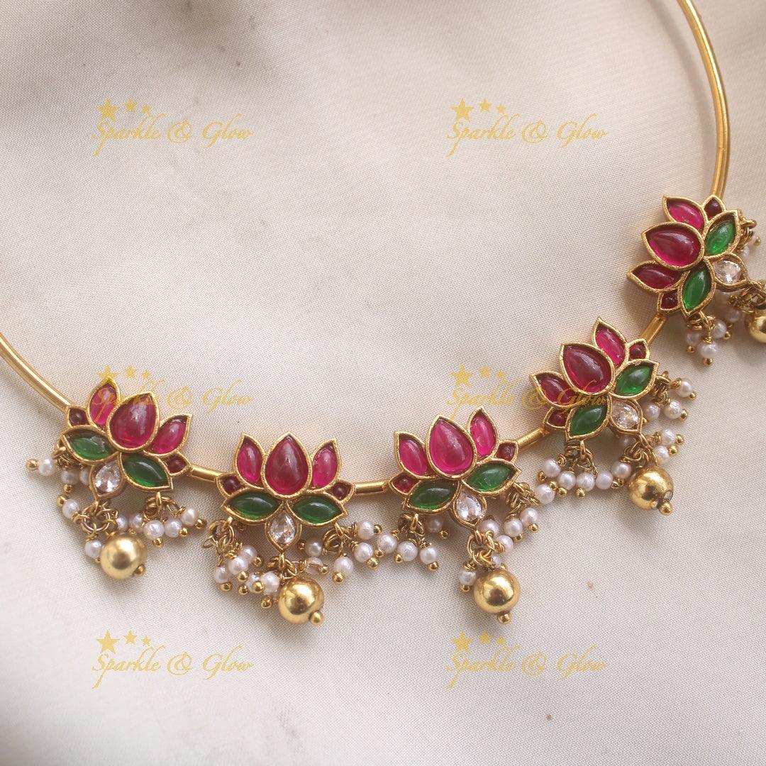 Elegant Lotus Hasli Choker with Pearls and Gold bead drops - Sparkle and Glow
