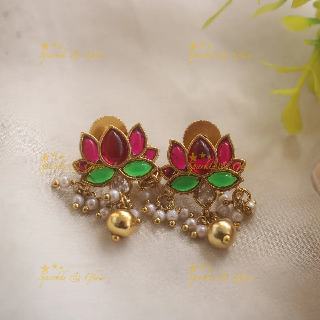 Elegant Lotus Hasli Choker with Pearls and Gold bead drops - Sparkle and Glow