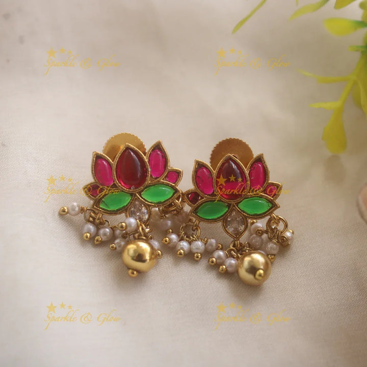 Elegant Lotus Hasli Choker with Pearls and Gold bead drops - Sparkle and Glow