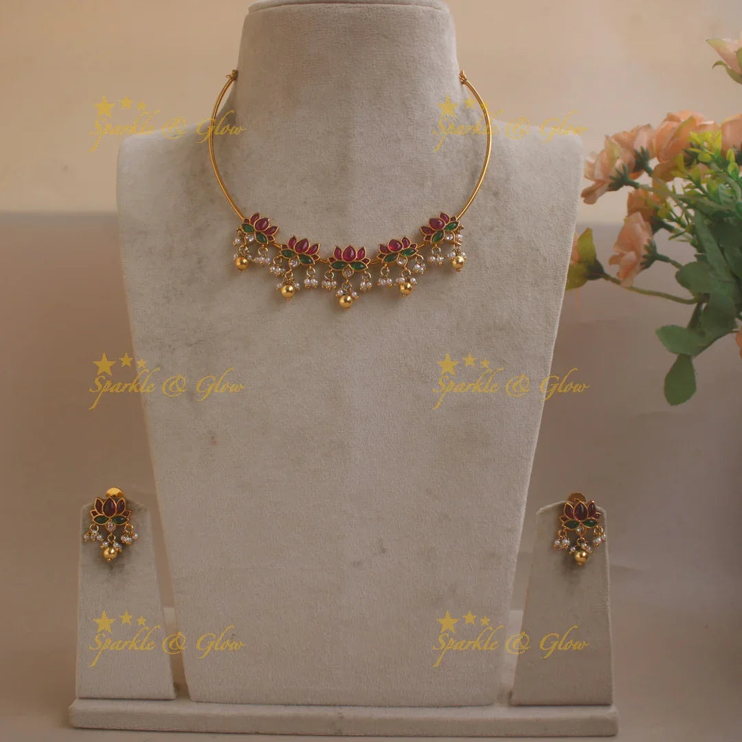 Elegant Lotus Hasli Choker with Pearls and Gold bead drops - Sparkle and Glow