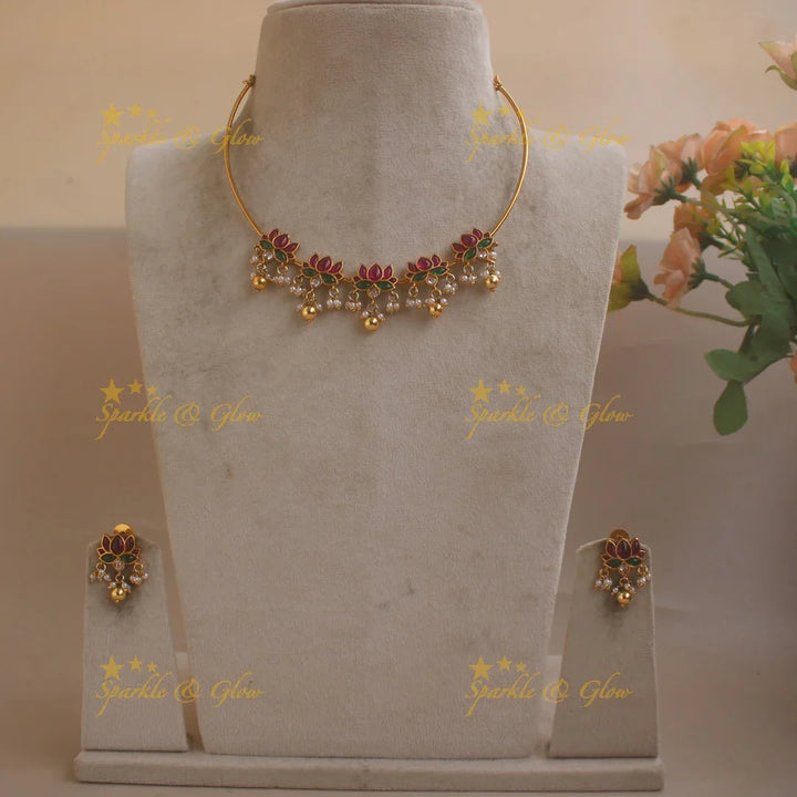 Elegant Lotus Hasli Choker with Pearls and Gold bead drops - Sparkle and Glow