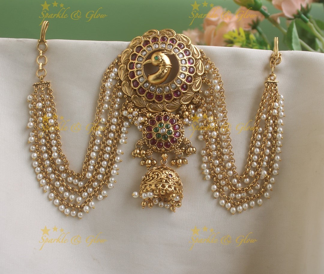 Stunning Peacock carved and red stones Jada billa with maatil