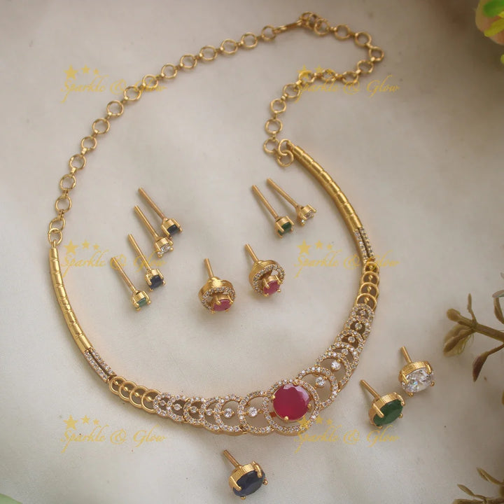 Statement AD Floral Short necklace with Interchangeable Stones - Sparkle and Glow