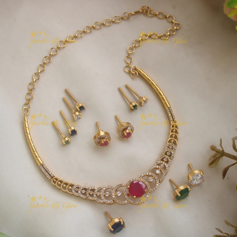 Statement AD Floral Short necklace with Interchangeable Stones - Sparkle and Glow