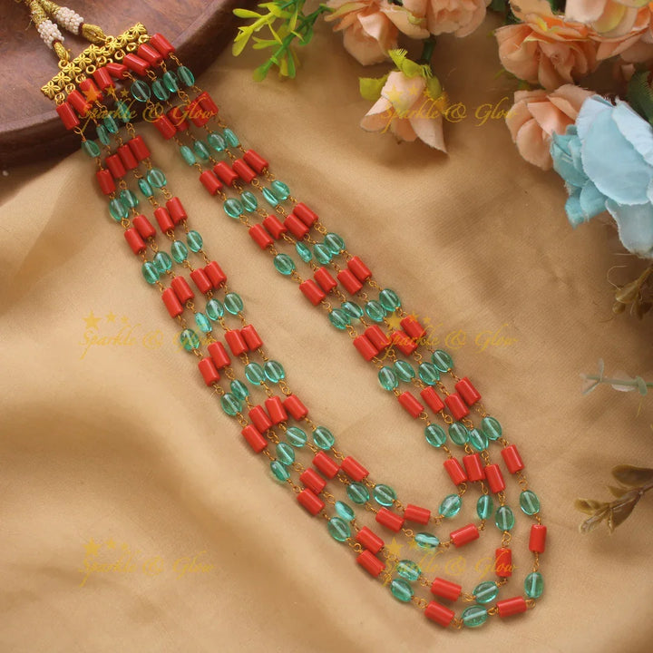 Statement Four Layered Beaded Mala with Corals and Mint green beads - Sparkle and Glow