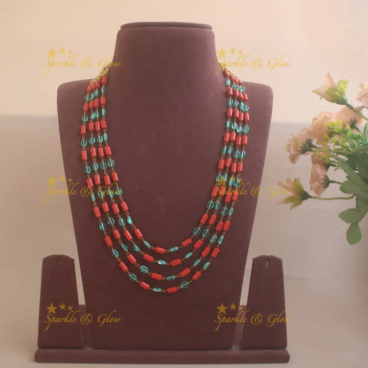 Statement Four Layered Beaded Mala with Corals and Mint green beads - Sparkle and Glow