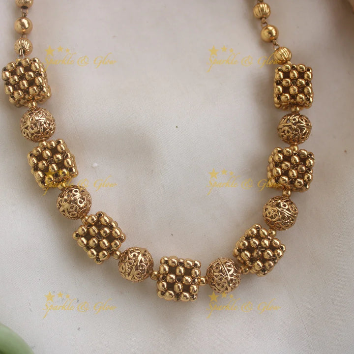 Premium Gold alike polish Floral sqaue and Ball design beaded short necklace - Sparkle and Glow