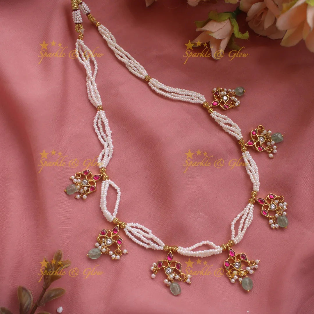 Statement Pearl Layered Floral Short necklace with Mint green beads - Sparkle and Glow