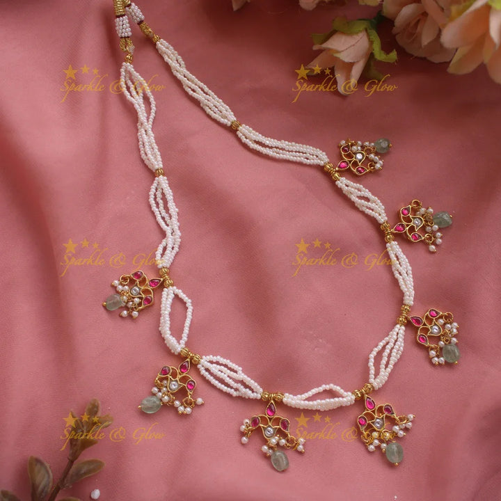 Statement Pearl Layered Floral Short necklace with Mint green beads - Sparkle and Glow