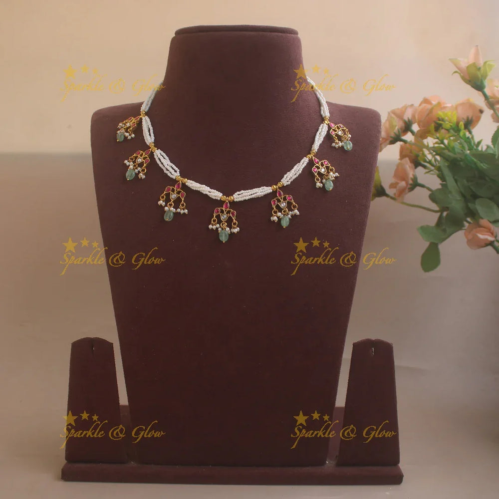 Statement Pearl Layered Floral Short necklace with Mint green beads - Sparkle and Glow