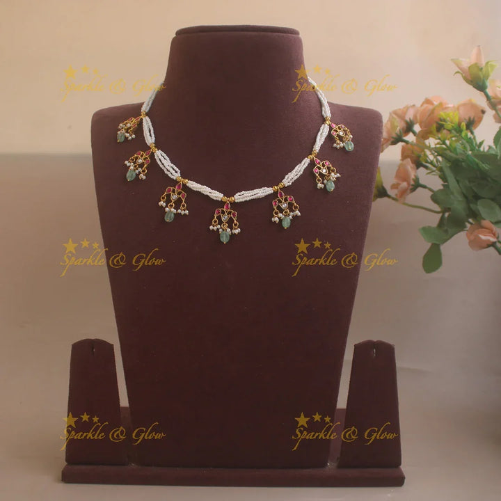 Statement Pearl Layered Floral Short necklace with Mint green beads - Sparkle and Glow