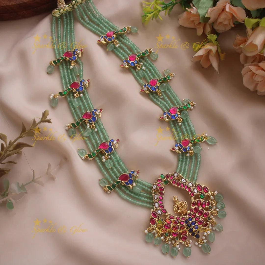 Exqisite Lakshmi Peacock design jadau Rani haram with multi layer mint green beads chain - Sparkle and Glow