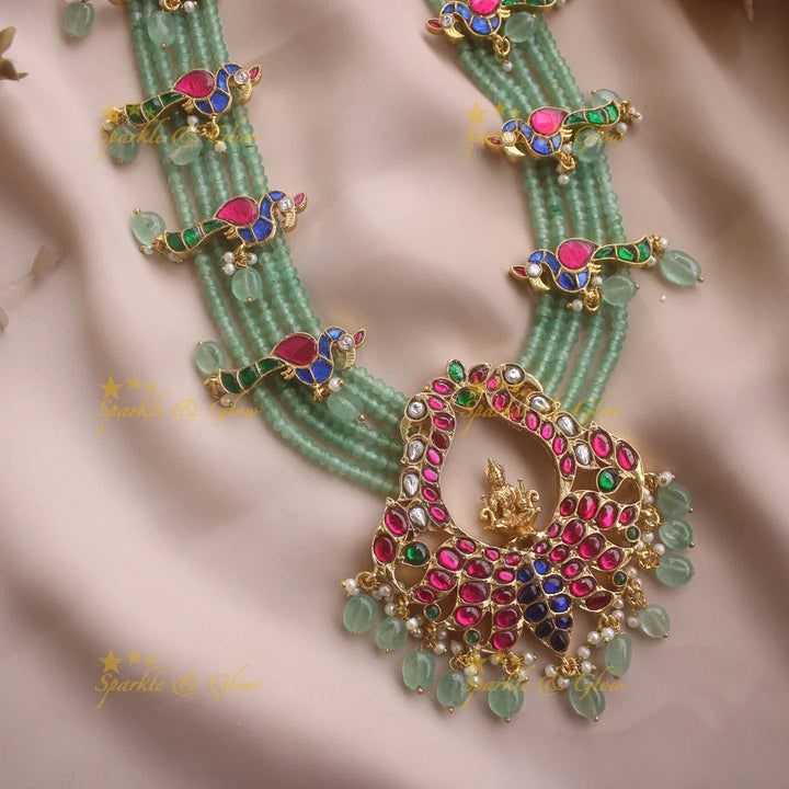 Exqisite Lakshmi Peacock design jadau Rani haram with multi layer mint green beads chain - Sparkle and Glow