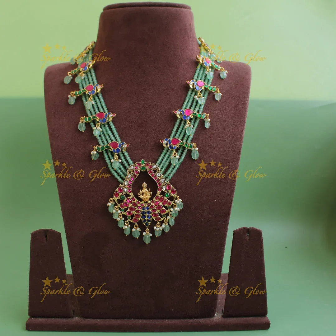 Exqisite Lakshmi Peacock design jadau Rani haram with multi layer mint green beads chain - Sparkle and Glow