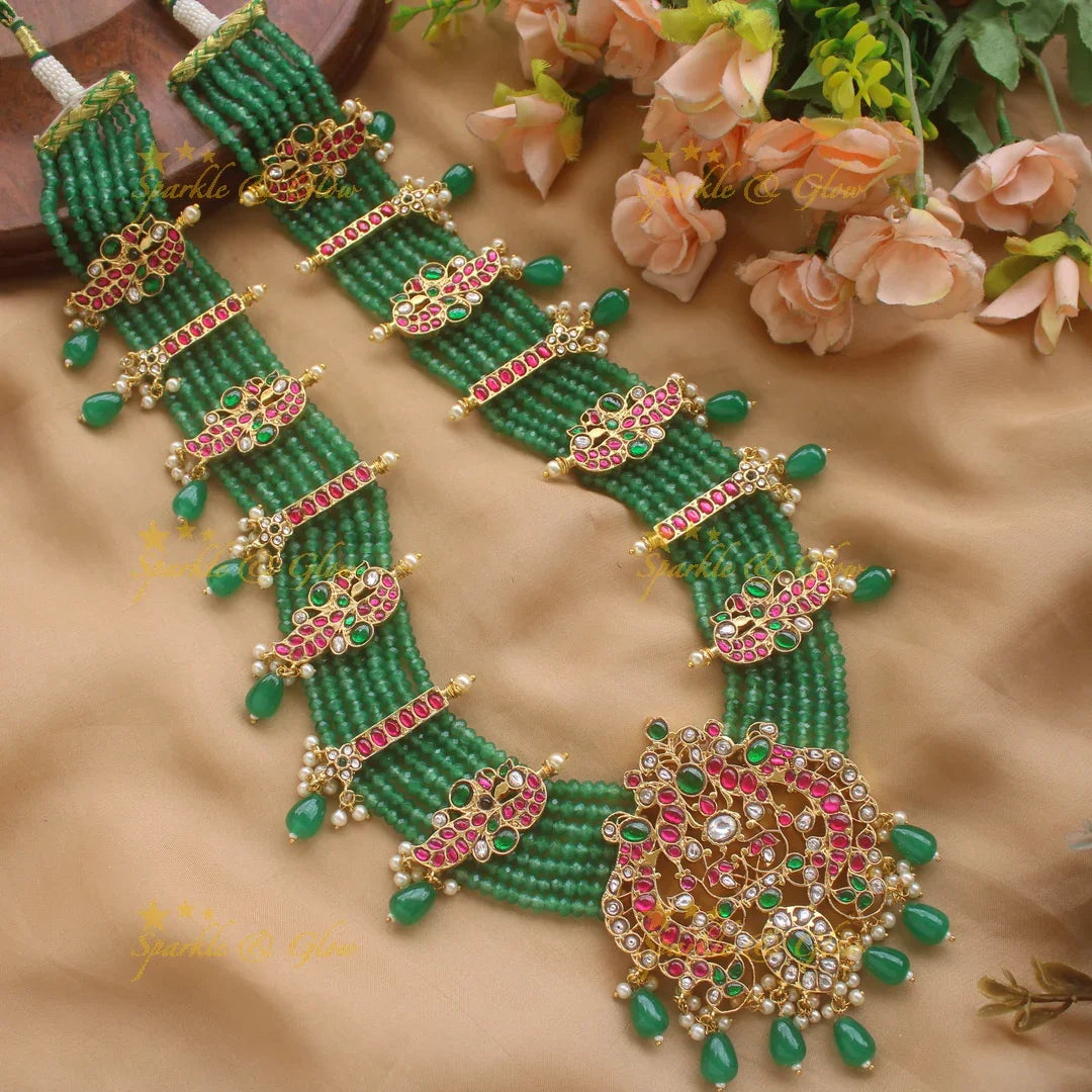 Grand Peacock Floral Jadau Rani Haram with Multilayered green beads chain - Sparkle and Glow