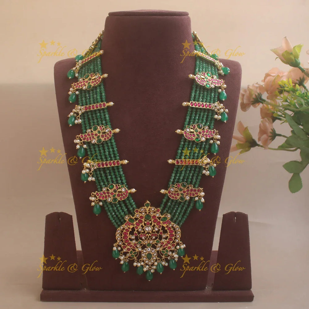 Grand Peacock Floral Jadau Rani Haram with Multilayered green beads chain - Sparkle and Glow