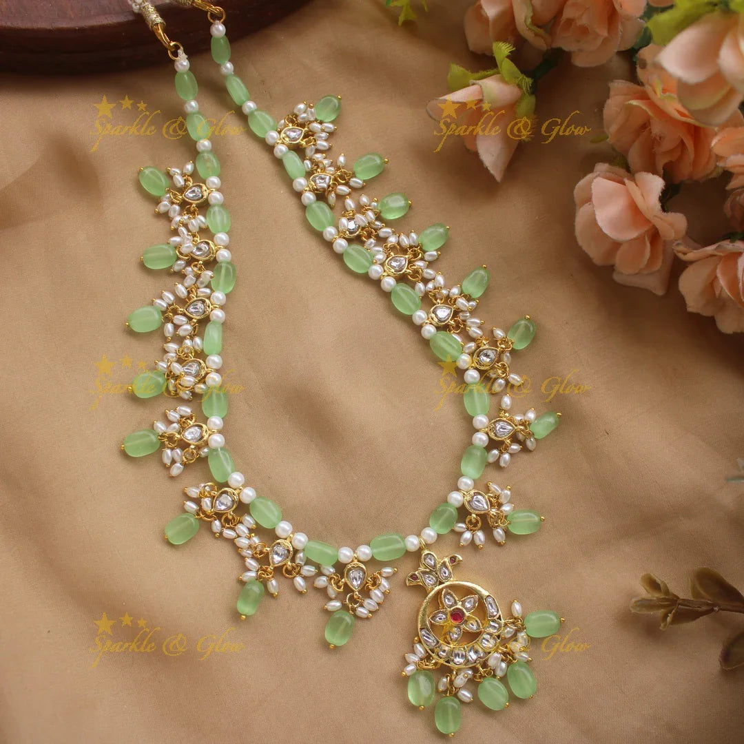 Statement Moon Floral short necklace with Mint green beads - Sparkle and Glow