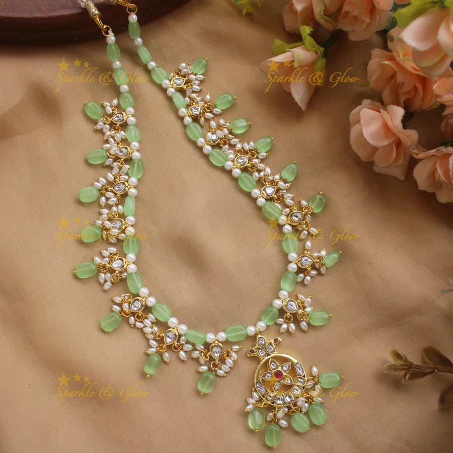 Statement Moon Floral short necklace with Mint green beads - Sparkle and Glow